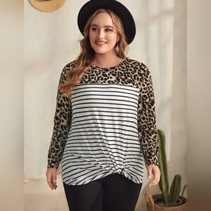 EMERY ROSE Mixed Cheetah/Striped Print Tie Front Top Size 5XL